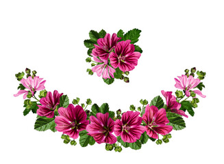 Wall Mural - Floral arrangement. Half circle, wreath of pink flowers Common mallow (Malva Sylvestris) with leaves and buds isolated on white background. Element for invitation,postcard, pattern, floral arrangement