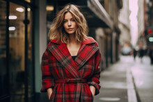Portrait Of A Young Woman In A Red Plaid Coat On The Street