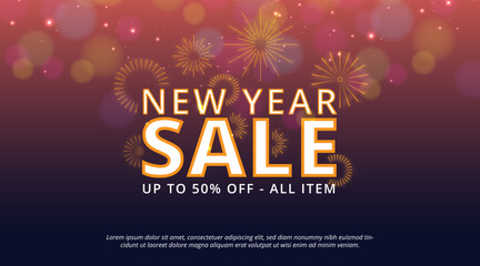 New Year Sale banner with fireworks and sparkles