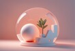 3d render of white egg and plant inside a round shape.3d render of white egg and plant inside a round shape.abstract minimal 3d render of a modern white glass podium with a plant and a podium for prod
