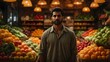 A indian shop owner with fruit shop in a supermarket. Ai ganerated image