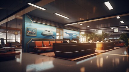 Wall Mural - A travel agency designed to look like an airport lounge, complete with ticket counters and faux departure screens.