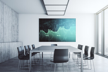 Aufkleber - Abstract statistics data hologram interface on presentation monitor in a modern boardroom, computing and analytics concept. 3D Rendering