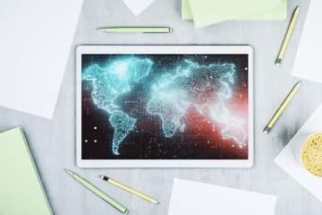 Aufkleber - Abstract creative world map on modern digital tablet monitor, tourism and traveling concept. Top view. 3D Rendering
