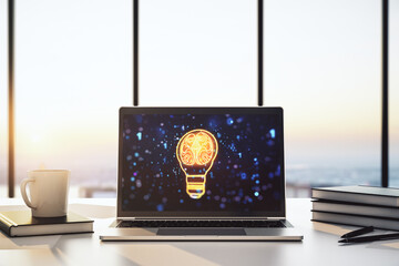 Aufkleber - Creative light bulb with human brain hologram on modern laptop monitor, artificial Intelligence and neural networks concept. 3D Rendering
