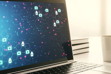 Poster - Creative abstract medical sketch on modern laptop monitor, Medicine and healthcare concept. 3D Rendering