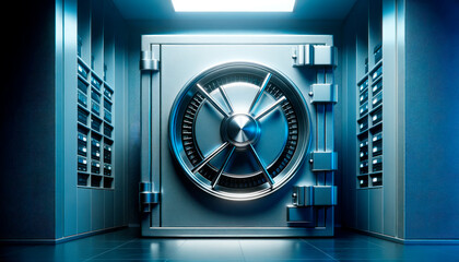 Poster - Bank vault door in blue tone. Generative AI