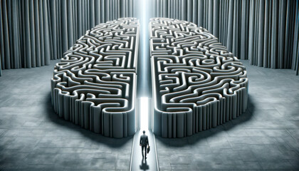 Poster - Businessman standing in front of a maze with a light at the end. Generative AI