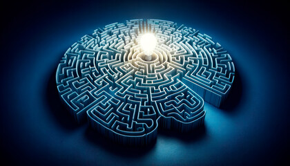 Aufkleber - Labyrinth and light bulb on dark blue background, idea concept. Generative AI