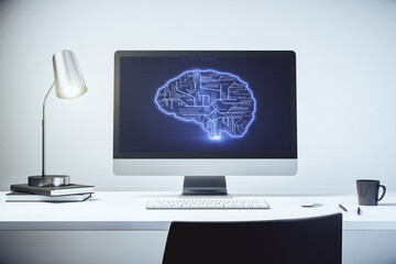 Aufkleber - Creative artificial Intelligence concept with human brain hologram on modern laptop screen. 3D Rendering