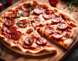 © IKARTS - pepperoni pizza on wooden board.