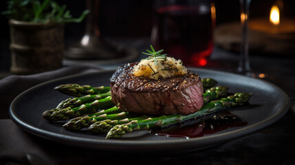 Wall Mural - An Exquisite Gourmet Dish with a Stunning Presentation Sonsisting of Grilled Steak Topped with a Reduced Red Wine Sauce and Fresh Herbs Defocused Background