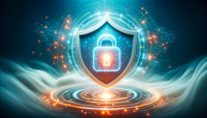 Poster - Cyber security concept. Shield with closed padlock on blue background. Generative AI