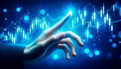 Wall Mural - Close up of human hand touching with finger virtual panel with forex chart. Generative AI