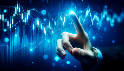 Poster - Close up of businessman hand touching virtual panel with forex chart. Generative AI