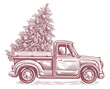 Retro truck and Christmas tree in the back of a car. Hand drawn sketch vector illustration