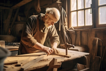 Wall Mural - Elder Carpenter man attend to making masterpiece woodworks handcrafted furniture fine measure in wood workshop.