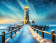 A lighthouse and pier in winter by the sea, long exposure, illustration
