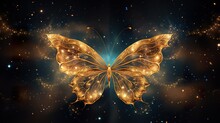 Beautiful Golden Light Butterfly And Open Space With Stars And Nebulas Background, Colorful Illustration