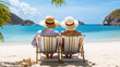 elderly married couple is relaxing on the beach, sitting in sun loungers, enjoying the landscape of paradise nature.