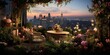 In a bustling city that never sleeps, a secret garden blooms on the rooftop of a skyscraper , concept of Urban Oasis