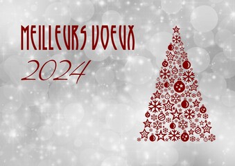 Sticker - Silver and red greeting card new year 2024 written in french with a christmas tree with balls and snowflakes on a starry snowy background - 