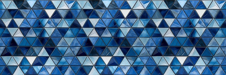 Poster - Abstract triangular blue white mosaic tile wallpaper wall or floor texture with geometric triangles background banner, seamless pattern