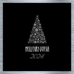 Sticker - Silver and black squared wish card new year 2024 written in french with a christmas tree with balls and snowflakes - 