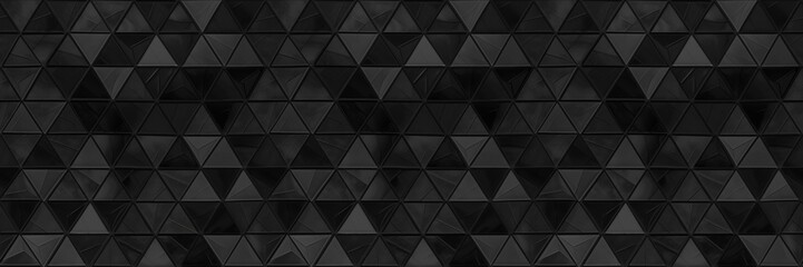 Poster - Abstract triangular black anthracite dark grey mosaic tile wallpaper wall or floor texture with geometric triangles background banner, seamless pattern