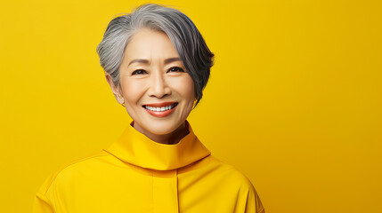 Wall Mural - Elegant, smiling, elderly, chic Asian woman with gray hair and perfect skin on a yellow background banner.