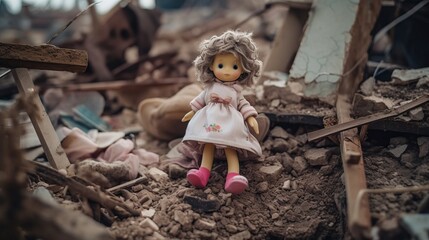 Wall Mural - Child dirty toy doll on damaged homes background. Destroyed home buildings because of earthquake or war missile strike. Refugees, war and economy crisis.