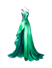 Wall Mural - Green long female dress isolated on white background in watercolor style.