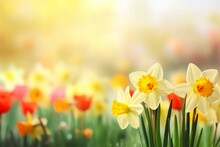 Colorful Banner Featuring Daffodil Flowers And Selective Focus On An Easter Background. Generative AI