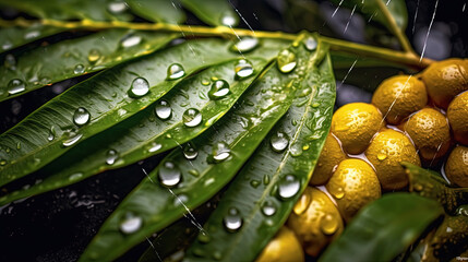 Water Drops on Fresh Green Curry Leaves Background Defocused