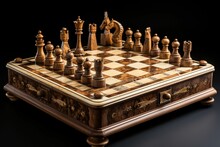 AI Generated Illustration Of A Wooden Chess Board With Intricately Carved Chess Pieces
