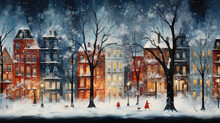 European colorful houses along winter snowy street, watercolor postcard