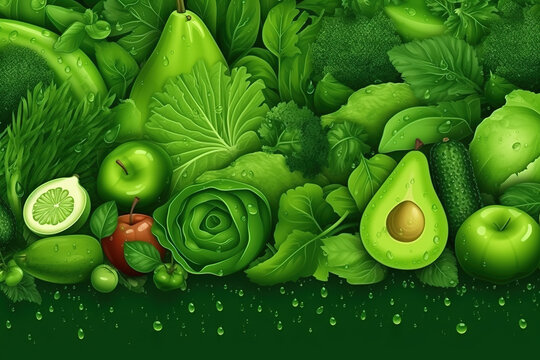 green vegetables and fruits with water drops
