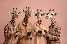 Portrait Of Four Giraffes Holding Phones