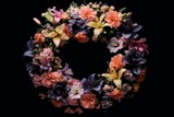 Fototapeta Kwiaty - Floral wreath of mourning flowers on a dark backdrop for condolences. Generative AI