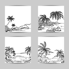 Beach scene illustration sketch template, with hand drawn style and black outline