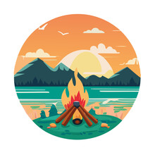Bright Illustration Of A Campsite, A Fire On The Background Of The Sunset On The Lake. Flat 2D Character. Concept For Web Design
