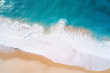  Ocean waves on the beach as a background. Beautiful natural summer vacation holidays background. Aerial top down view of beach and sea with blue water, Generative AI
