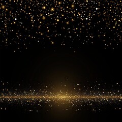 Poster - Glowing gold sparkle. Abstract holiday confetti on black background. Golden glittering celebration. Shimmering backdrop. Luxurious magic