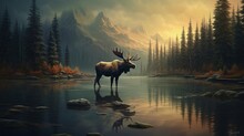 A Moose Wading Through A Still Lake, Its Antlers Reflecting On The Water.