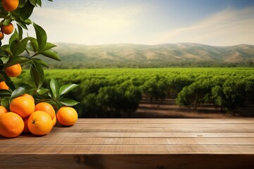 Sticker - Wooden table top ander orange trees covered with orange fruits. Blurred sunny orchard garden at the background.