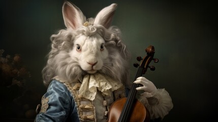 Wall Mural - 3D ironic portrait, Musician rabbit, Violinist, Violin, Playing, Bunny, 1700. EIGHTEENTH-CENTURY VIOLINIST RABBIT. Rabbit posing with violin. Baroque style. Ruffled collar, white and blue attire.