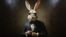 DANDY RABBIT. 3D Portrait, Buttoning, Eyeglasses, Dressed, Refined, Elegant, Gentleman. Rabbit With Pricked Ears Shot In The Act Of Buttoning His Jacket In 1800s Style. Bow Tie And Fancy Blue Dress. 