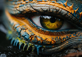 close-up of an eye surrounded by intricate scales painted in vibrant blue and orange colors