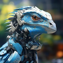 AI Generated Illustration Of A Blue Lizard In A Robotic Costume