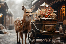 Christmas Deer In A  A Winter Season Along With Cart And Have Some Decoration Items In It, Some Houses Ain The  Background With Snow Falling On The Road